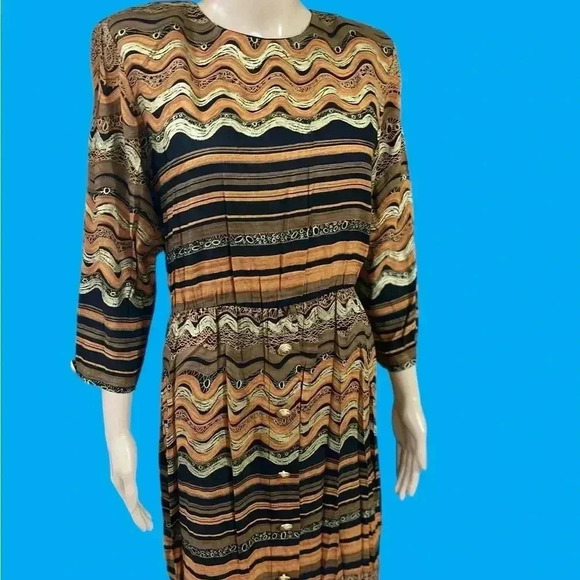 True vintage :Positive Attitude chevron Brown and Tan Knee-Length Sheath Dress-L - Picture 2 of 12